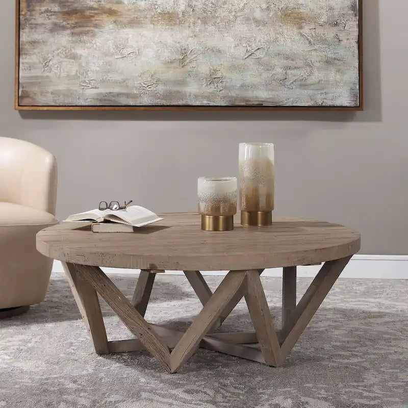 Round Reclaimed Elm Wood Coffee Table with Geometric Triangle Beam Base