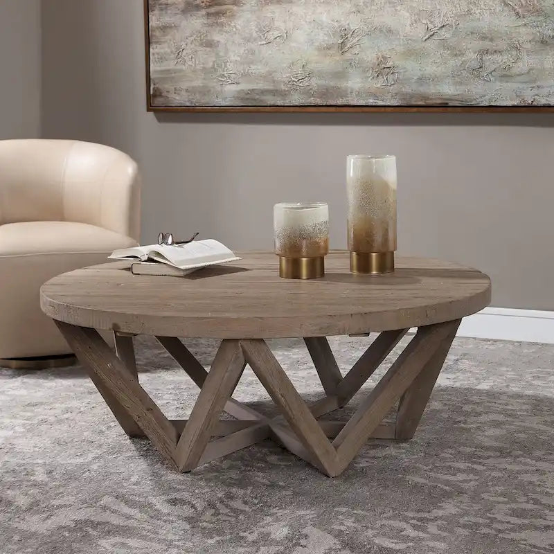 Round Reclaimed Elm Wood Coffee Table with Geometric Triangle Beam Base