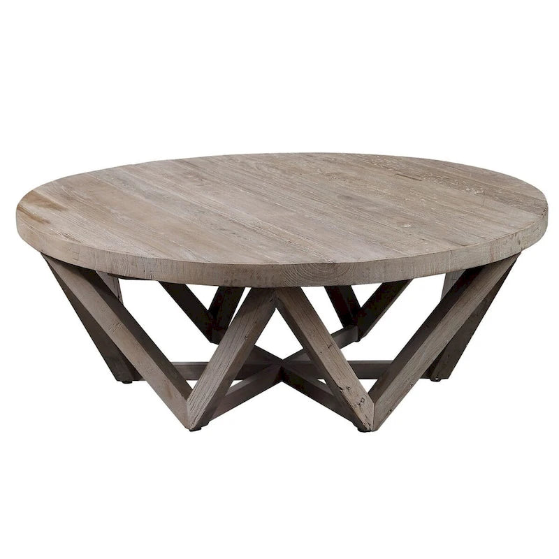 Round Reclaimed Elm Wood Coffee Table with Geometric Triangle Beam Base