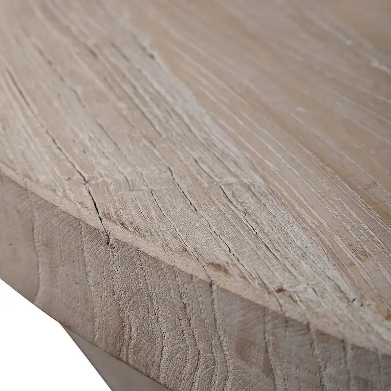 Round Reclaimed Elm Wood Coffee Table with Geometric Triangle Beam Base