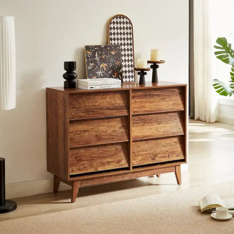 6-Drawer Double Dresser with Bevel Panel Design Solid Wood Legs