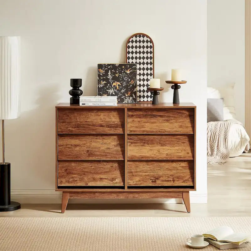 6-Drawer Double Dresser with Bevel Panel Design Solid Wood Legs