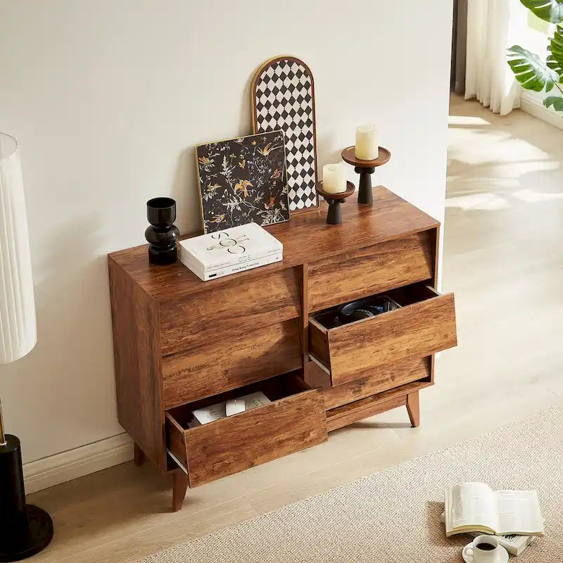 6-Drawer Double Dresser with Bevel Panel Design Solid Wood Legs