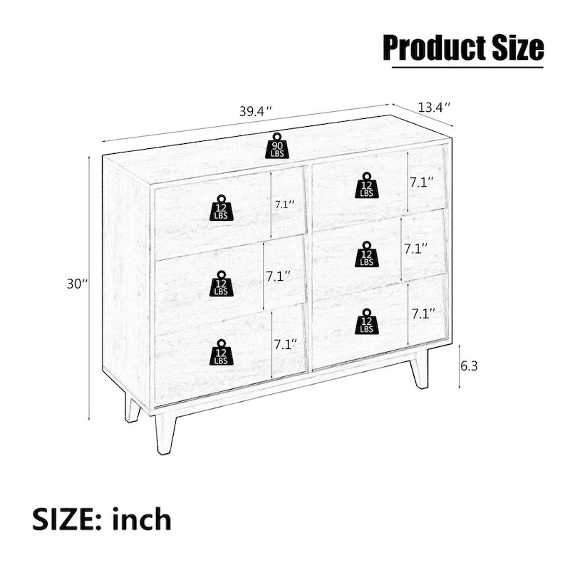 6-Drawer Double Dresser with Bevel Panel Design Solid Wood Legs