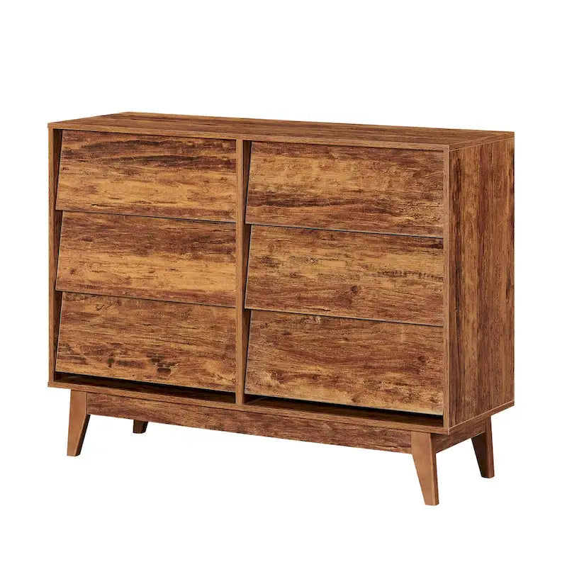 6-Drawer Double Dresser with Bevel Panel Design Solid Wood Legs