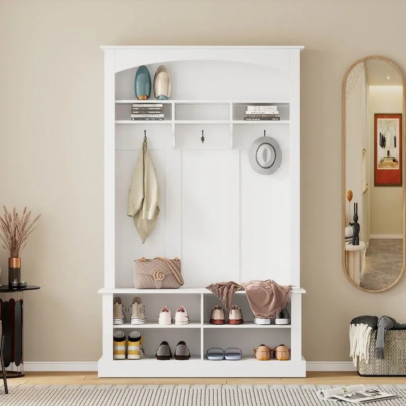 Hall Tree with Coat Hooks Upper Shelf Bench and Shoe Storage Cubbies