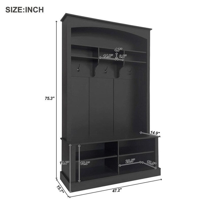 Hall Tree with Coat Hooks Upper Shelf Bench and Shoe Storage Cubbies