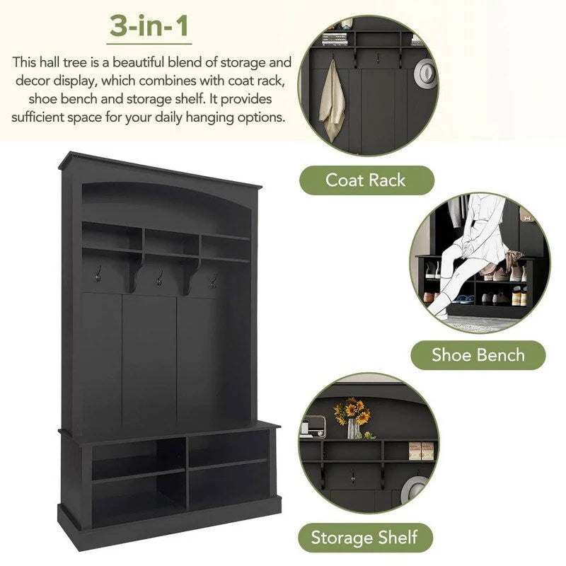 Hall Tree with Coat Hooks Upper Shelf Bench and Shoe Storage Cubbies