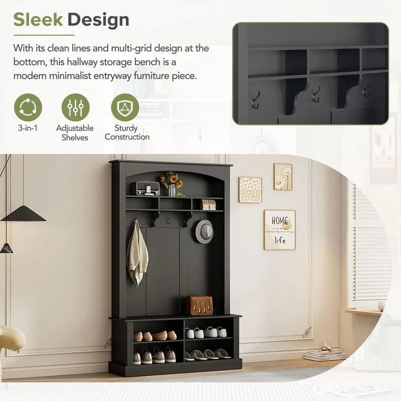 Hall Tree with Coat Hooks Upper Shelf Bench and Shoe Storage Cubbies