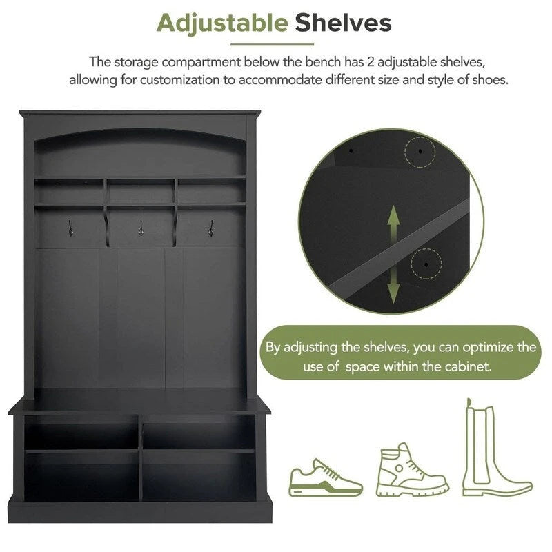 Hall Tree with Coat Hooks Upper Shelf Bench and Shoe Storage Cubbies