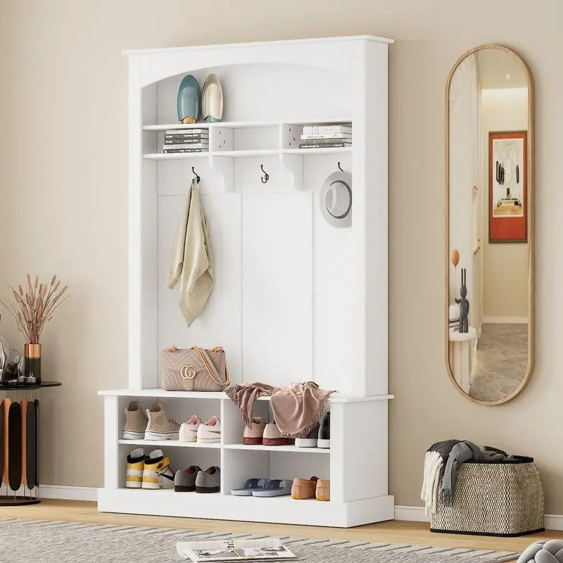 Hall Tree with Coat Hooks Upper Shelf Bench and Shoe Storage Cubbies