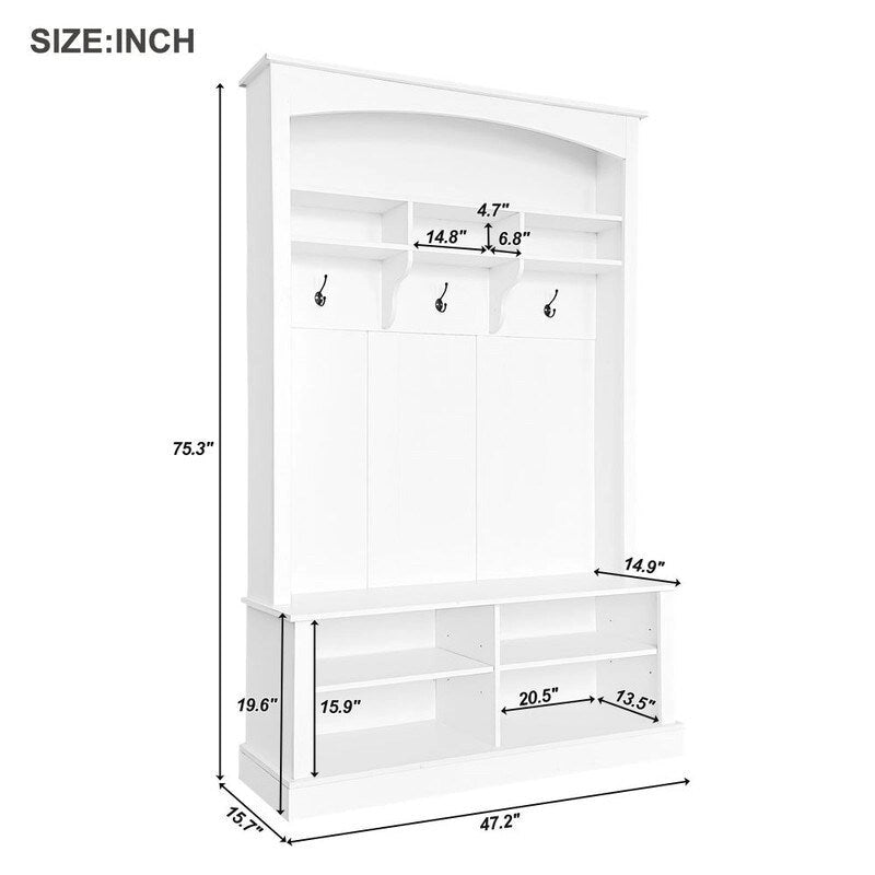 Hall Tree with Coat Hooks Upper Shelf Bench and Shoe Storage Cubbies