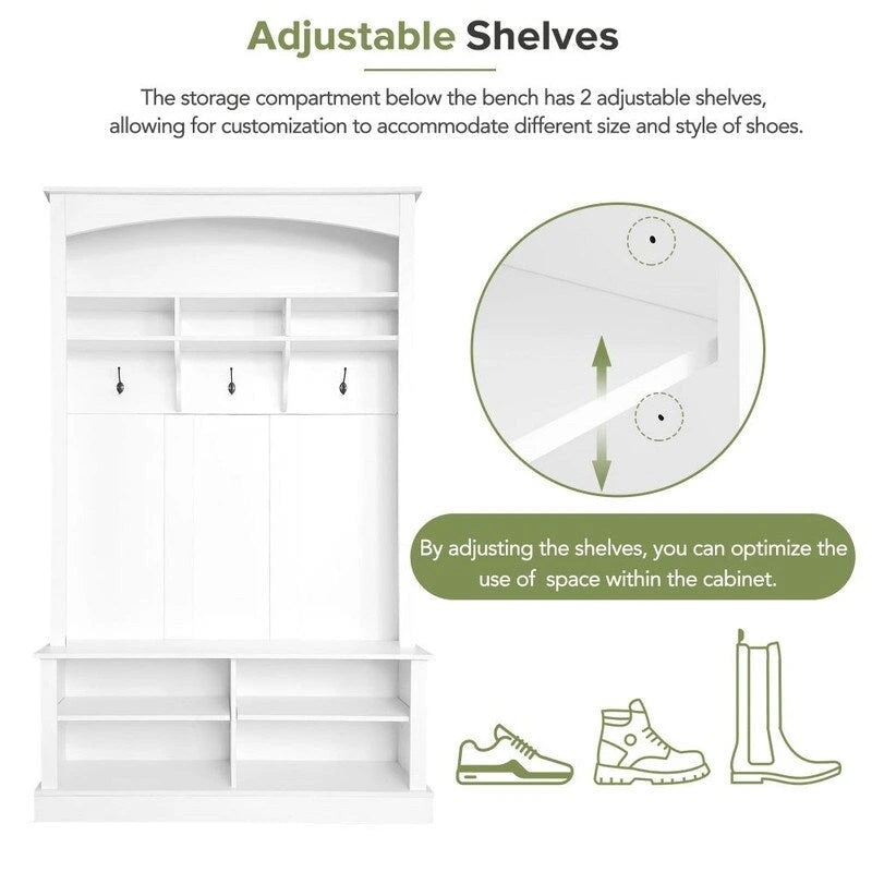 Hall Tree with Coat Hooks Upper Shelf Bench and Shoe Storage Cubbies