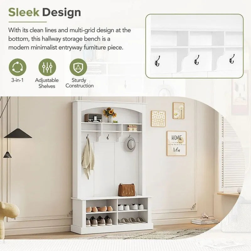Hall Tree with Coat Hooks Upper Shelf Bench and Shoe Storage Cubbies