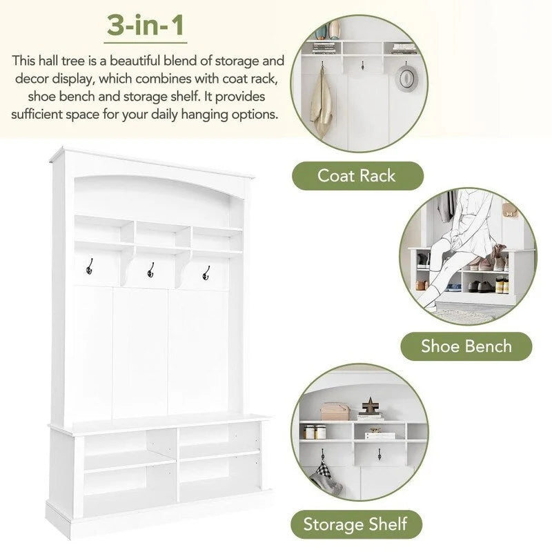 Hall Tree with Coat Hooks Upper Shelf Bench and Shoe Storage Cubbies