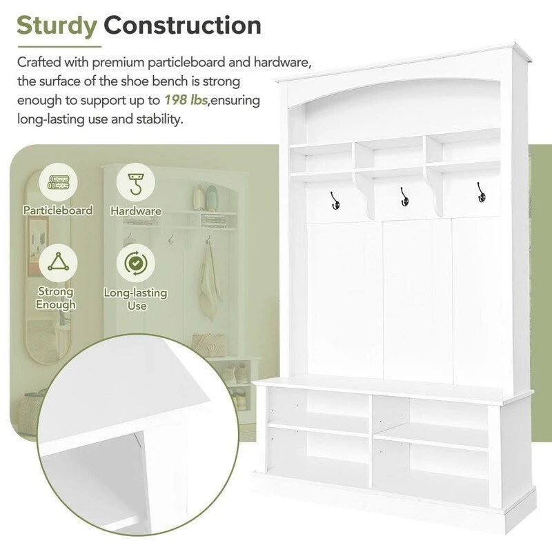 Hall Tree with Coat Hooks Upper Shelf Bench and Shoe Storage Cubbies
