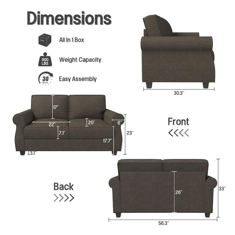Rolled Arm Loveseat Sofa with Foam Cushions Solid Wood Frame