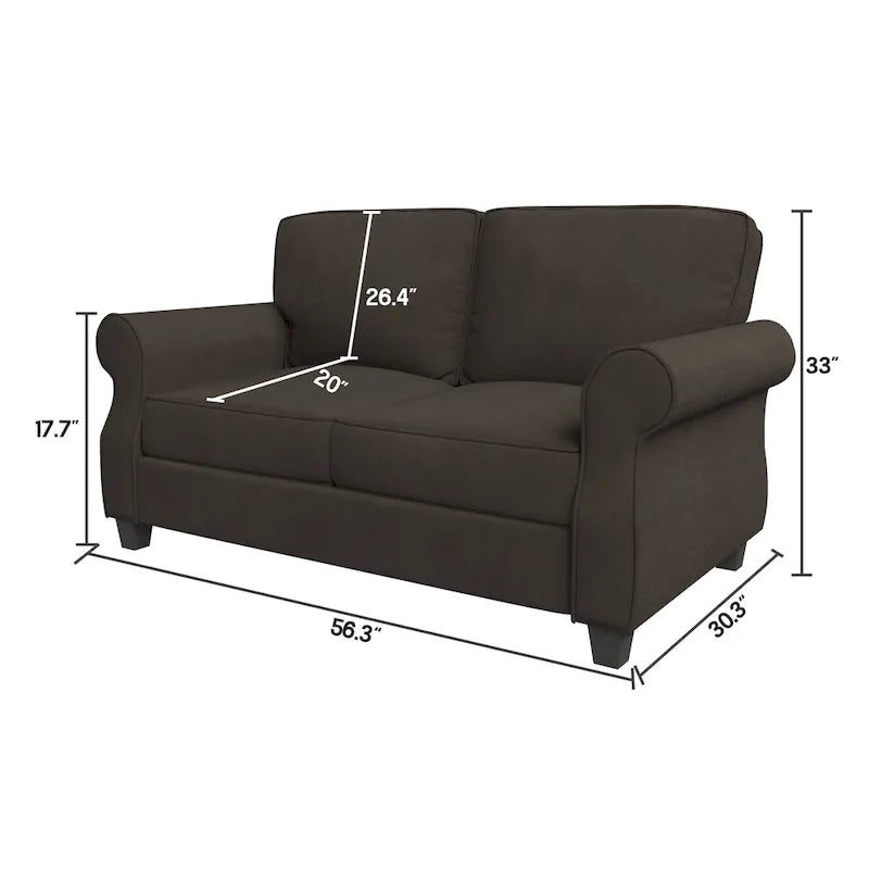 Rolled Arm Loveseat Sofa with Foam Cushions Solid Wood Frame