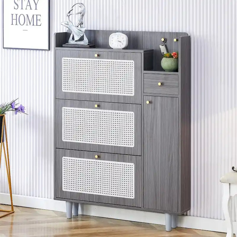 Rattan Panel Flip Door Shoe Cabinet with Side Storage and Display Top
