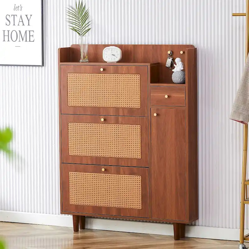 Rattan Panel Flip Door Shoe Cabinet with Side Storage and Display Top
