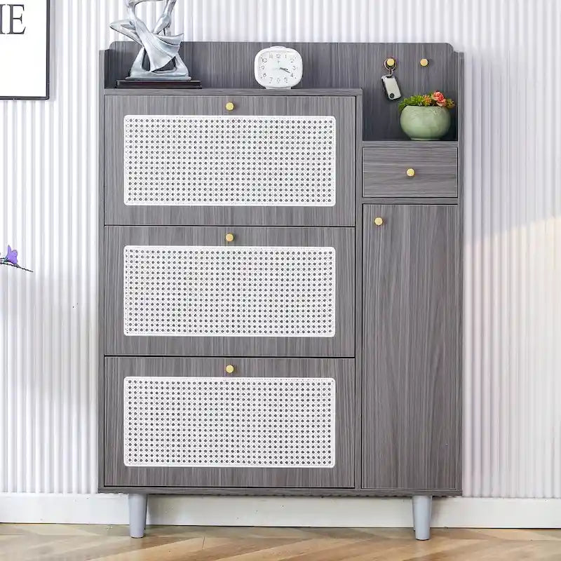 Rattan Panel Flip Door Shoe Cabinet with Side Storage and Display Top