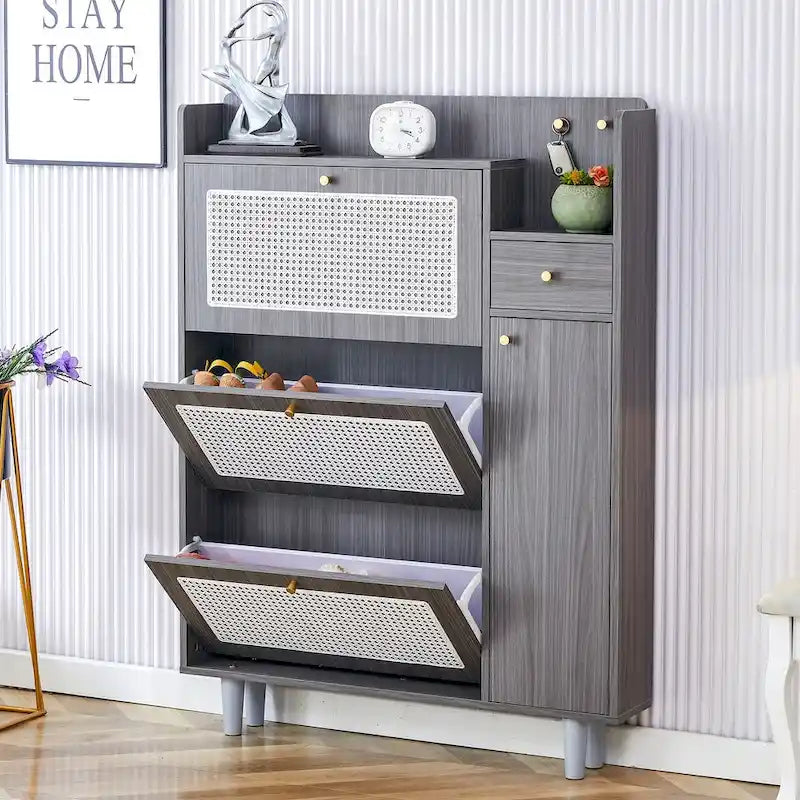 Rattan Panel Flip Door Shoe Cabinet with Side Storage and Display Top