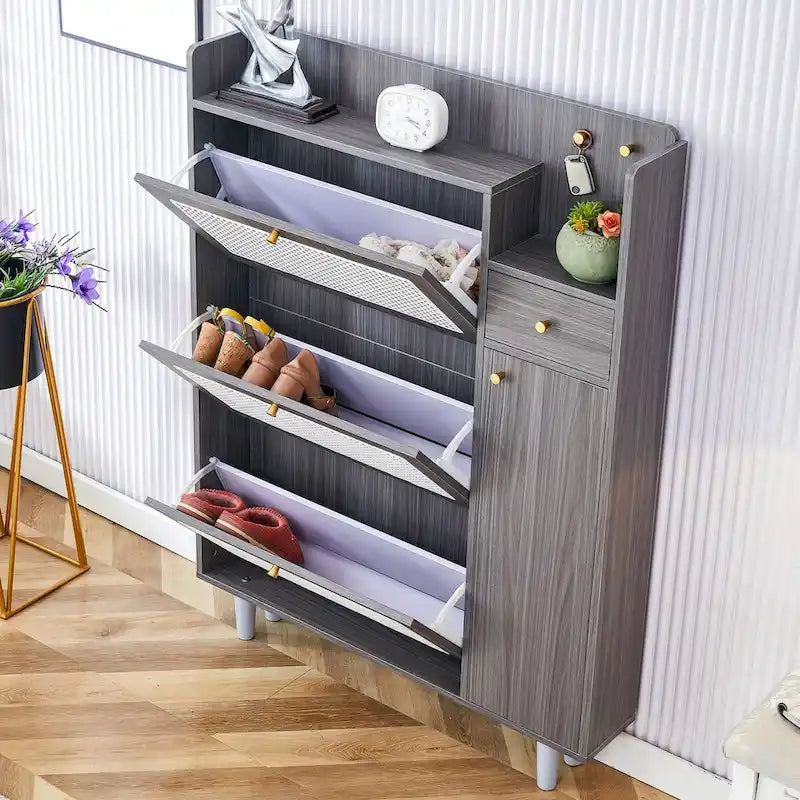Rattan Panel Flip Door Shoe Cabinet with Side Storage and Display Top