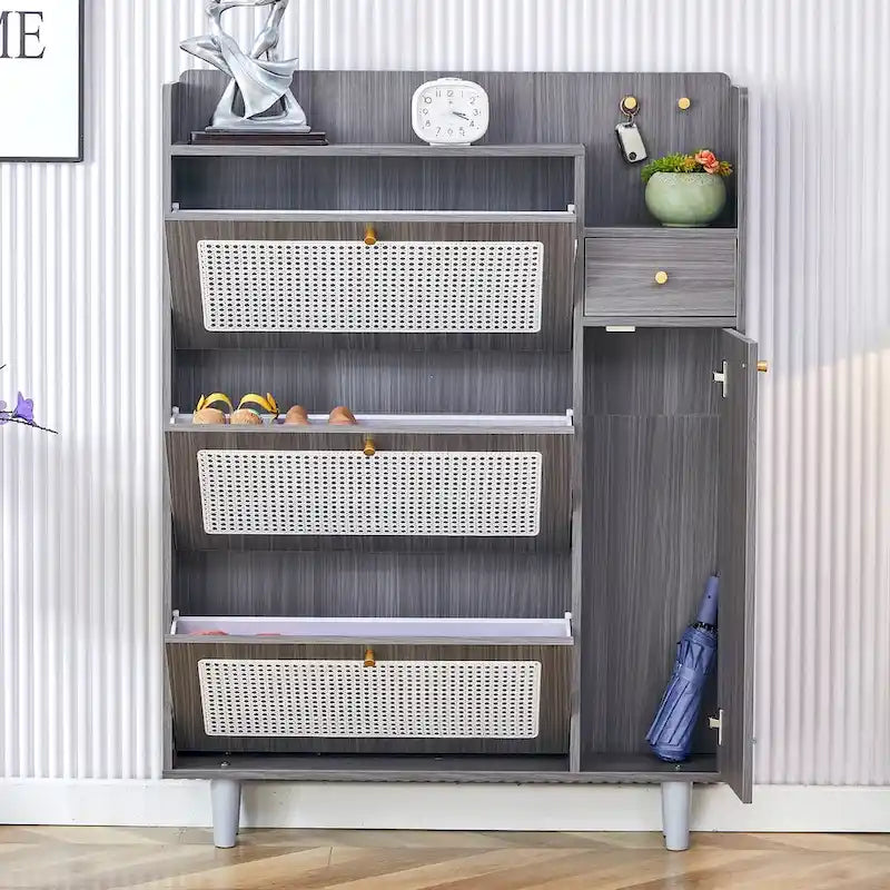 Rattan Panel Flip Door Shoe Cabinet with Side Storage and Display Top