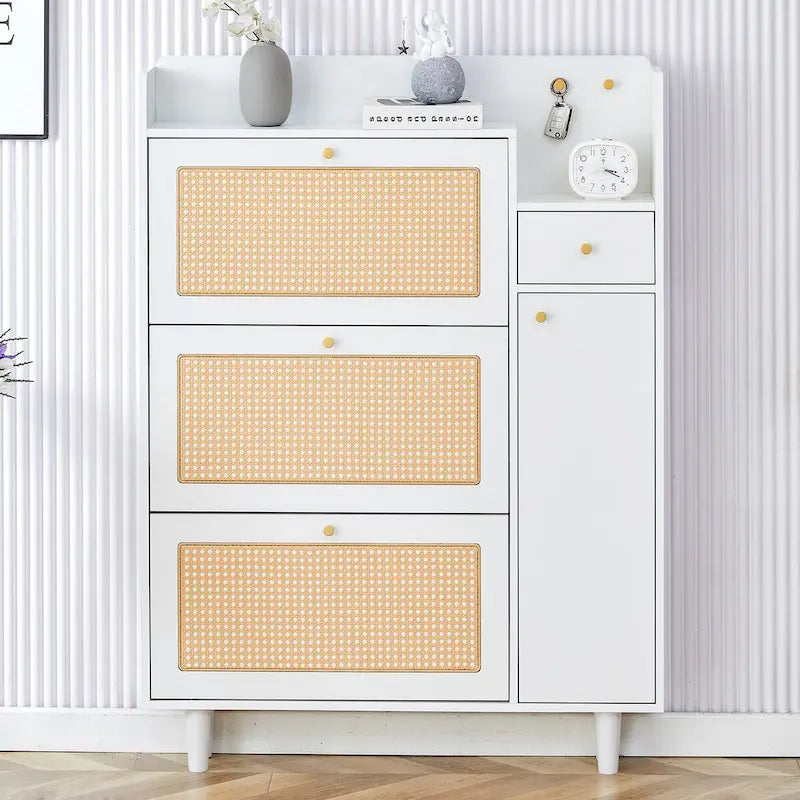 Rattan Panel Flip Door Shoe Cabinet with Side Storage and Display Top
