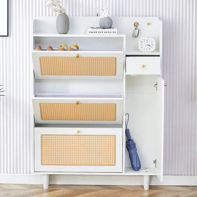 Rattan Panel Flip Door Shoe Cabinet with Side Storage and Display Top
