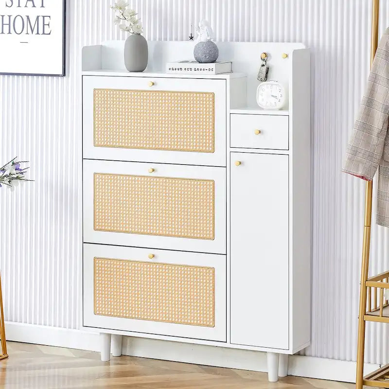 Rattan Panel Flip Door Shoe Cabinet with Side Storage and Display Top
