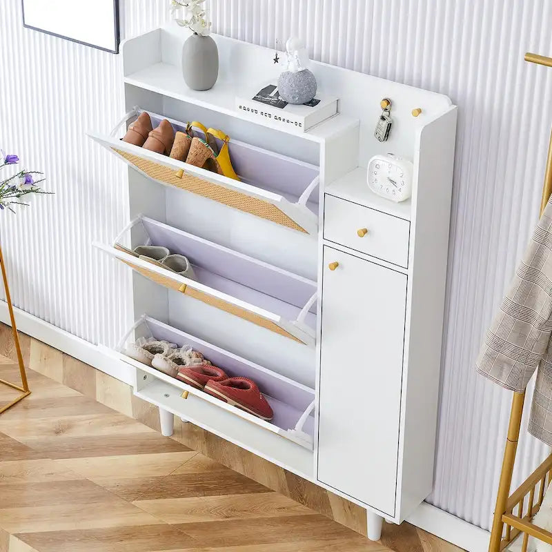 Rattan Panel Flip Door Shoe Cabinet with Side Storage and Display Top