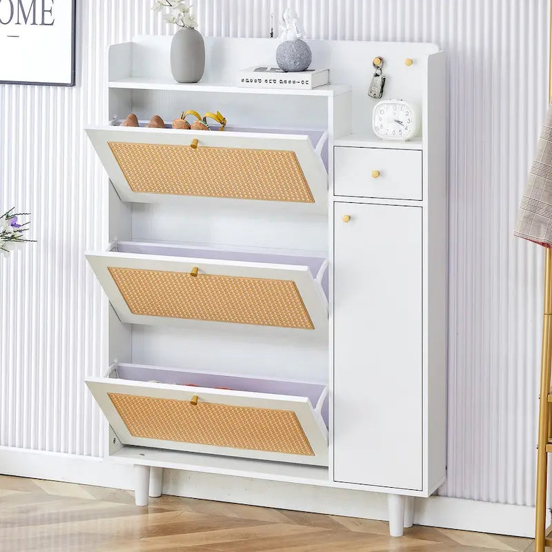 Rattan Panel Flip Door Shoe Cabinet with Side Storage and Display Top