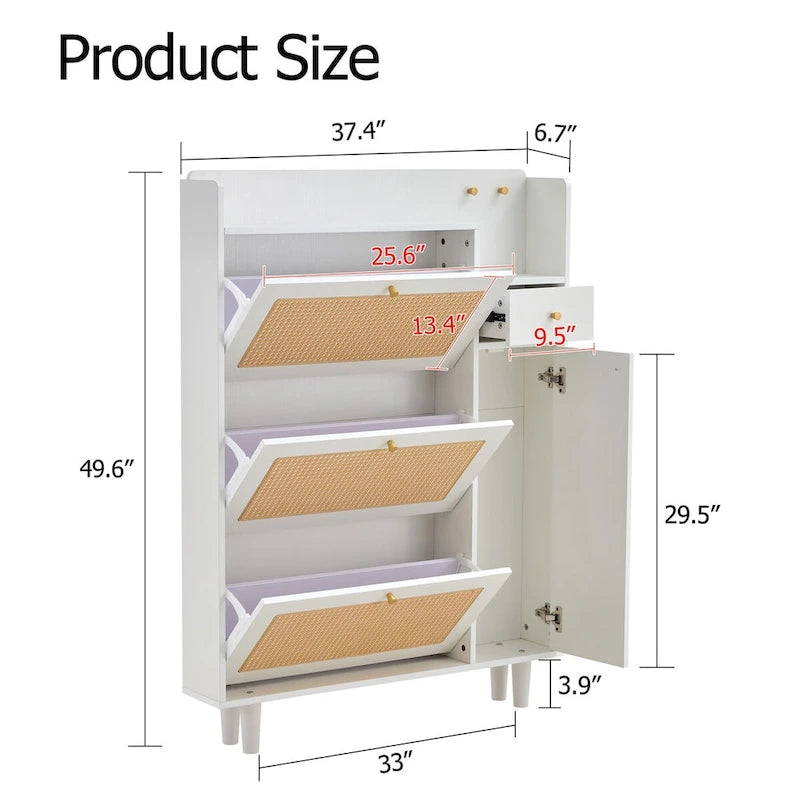Rattan Panel Flip Door Shoe Cabinet with Side Storage and Display Top