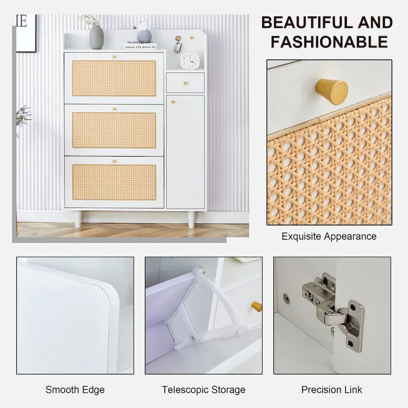 Rattan Panel Flip Door Shoe Cabinet with Side Storage and Display Top