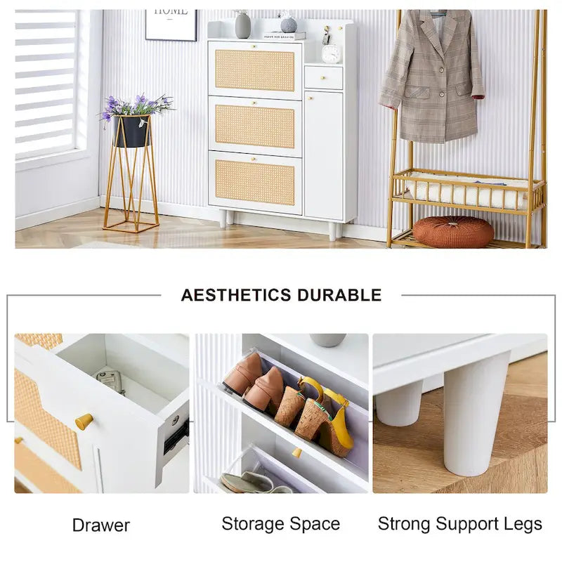 Rattan Panel Flip Door Shoe Cabinet with Side Storage and Display Top