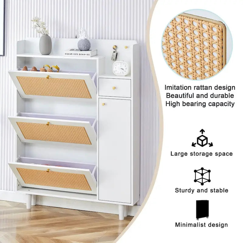 Rattan Panel Flip Door Shoe Cabinet with Side Storage and Display Top