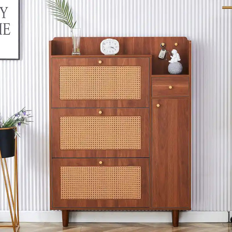 Rattan Panel Flip Door Shoe Cabinet with Side Storage and Display Top