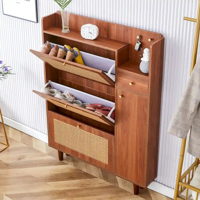 Rattan Panel Flip Door Shoe Cabinet with Side Storage and Display Top
