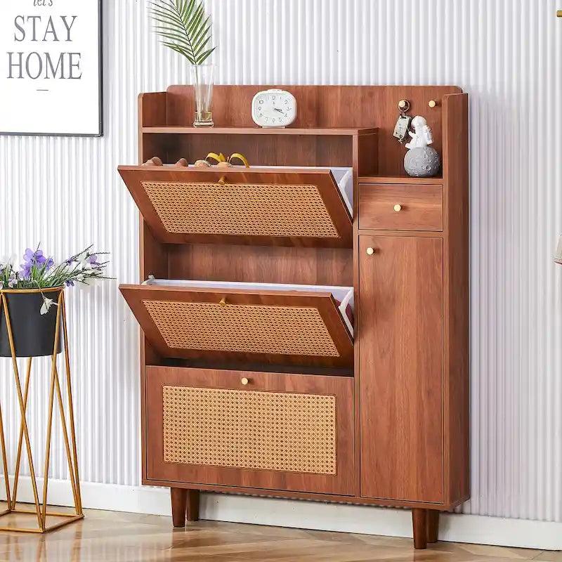Rattan Panel Flip Door Shoe Cabinet with Side Storage and Display Top