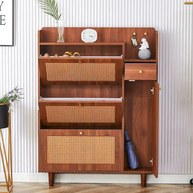 Rattan Panel Flip Door Shoe Cabinet with Side Storage and Display Top