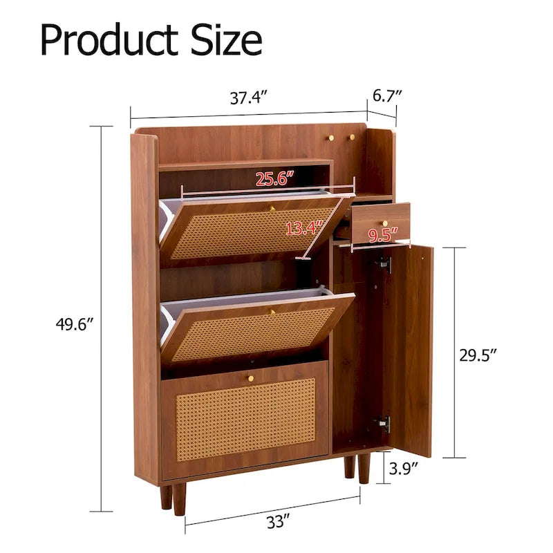 Rattan Panel Flip Door Shoe Cabinet with Side Storage and Display Top