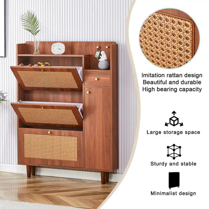 Rattan Panel Flip Door Shoe Cabinet with Side Storage and Display Top