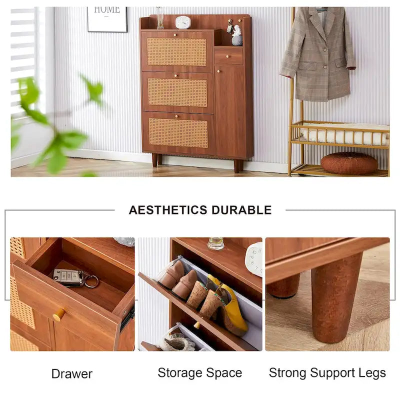 Rattan Panel Flip Door Shoe Cabinet with Side Storage and Display Top