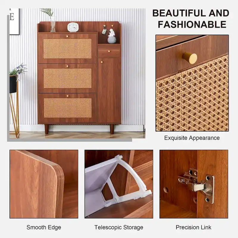 Rattan Panel Flip Door Shoe Cabinet with Side Storage and Display Top