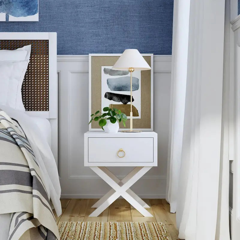 One-Drawer End Table X-Base Legs Gold Ring Pull Acacia Wood Veneer