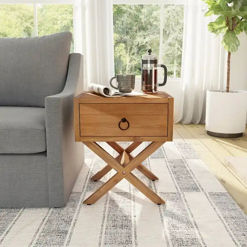 One-Drawer End Table X-Base Legs Gold Ring Pull Acacia Wood Veneer
