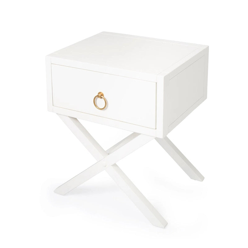 One-Drawer End Table X-Base Legs Gold Ring Pull Acacia Wood Veneer