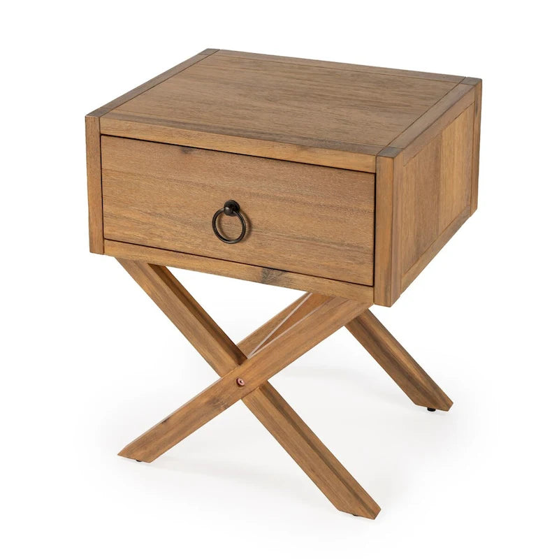 One-Drawer End Table X-Base Legs Gold Ring Pull Acacia Wood Veneer