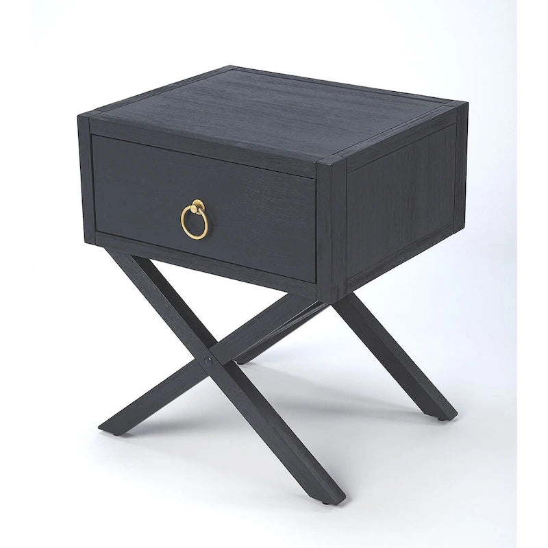 One-Drawer End Table X-Base Legs Gold Ring Pull Acacia Wood Veneer